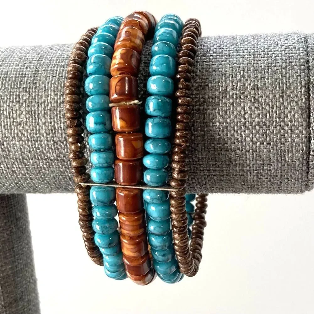 Indian Aztec Wooden Beaded Bracelet Teal Turquoise Brown Metal Stretch